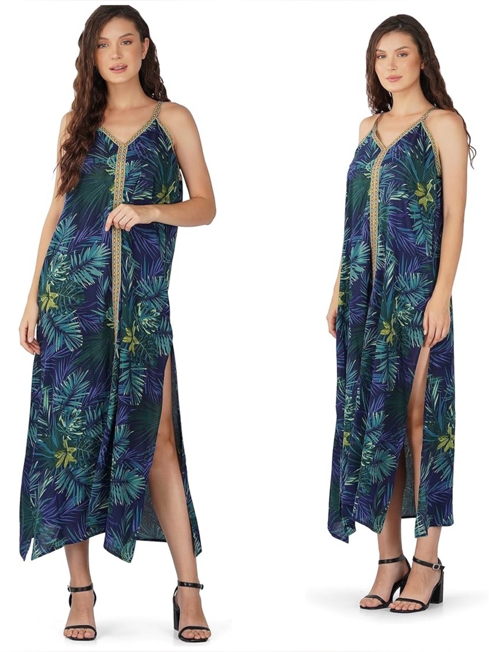 A&B Boho Tropical Print Embroidered V-Neck Beach Resort Maxi Slip Dress Medium